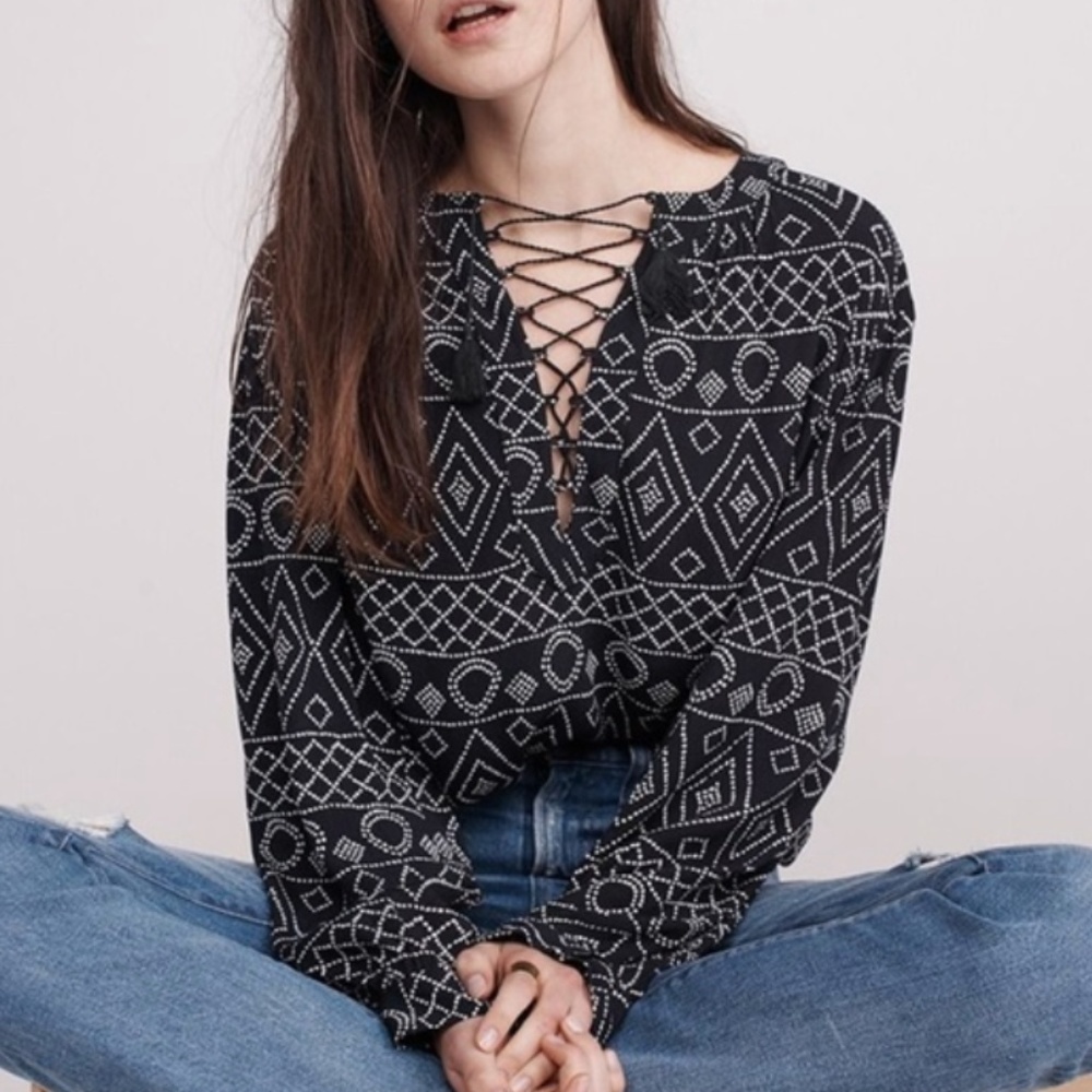 Madewell Black White Blouse, Tie Front, Size S
